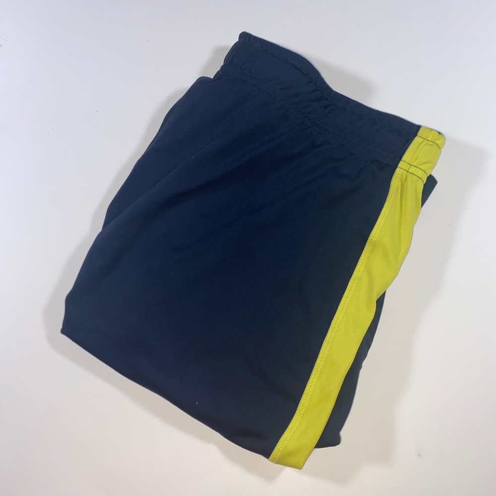 Nike Mens Dri-FIT Athletic Shorts Navy Blue Neon Yellow Stripe Size Medium